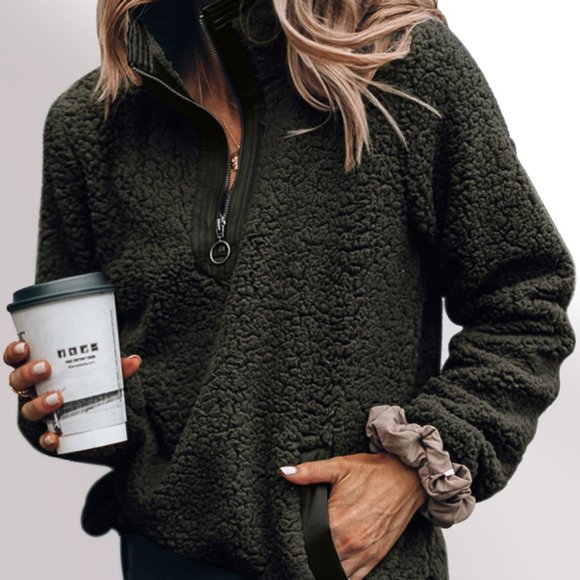 Dark Olive Fuzzy Zip Up Sweater - Picture 1 of 3